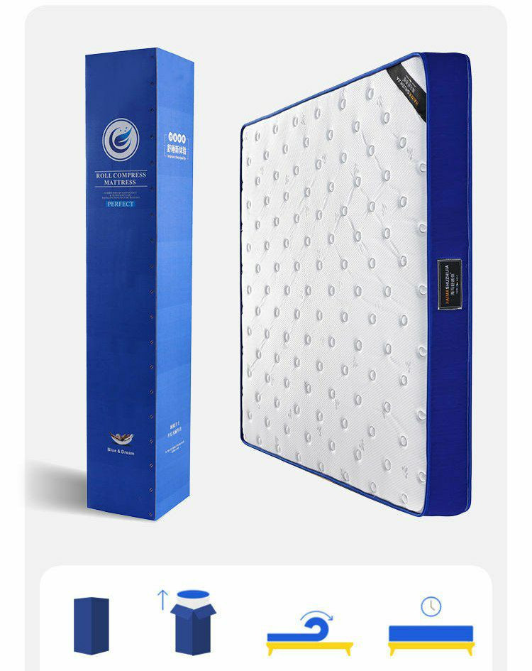 Matelas compressé roulé, de marque Haimasuzhijia, emballé dans une boîte bleue.