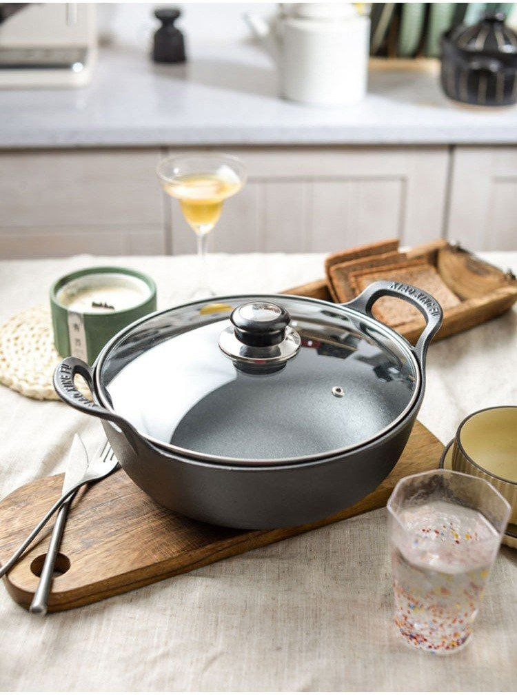 Marmite à lingots en fonte épaissie à double oreille, marmite à soupe, petit wok domestique, poêle antiadhésive revêtue de couvercle transparent