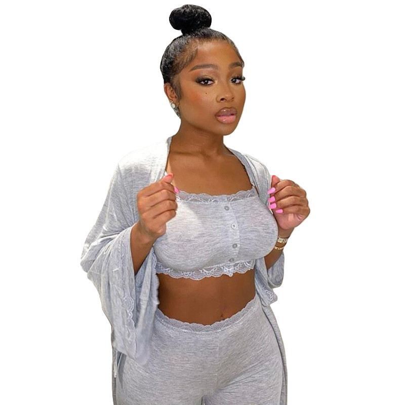 Homewear gray Color Casual Lace Pants Pyjamas Ensemble trois pièces, tenu de sport ou de sortie sexy pour jeunes filles